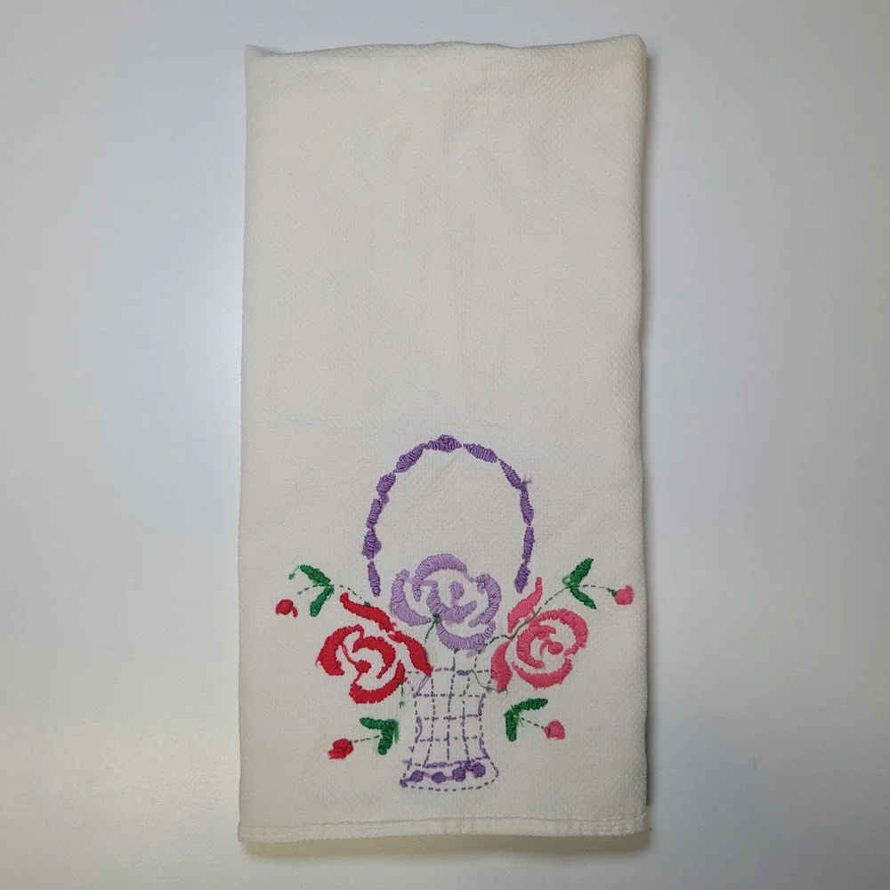 Vintage Hand Embroidered Floral Basket Tea Towel White Cotton Pink Purple